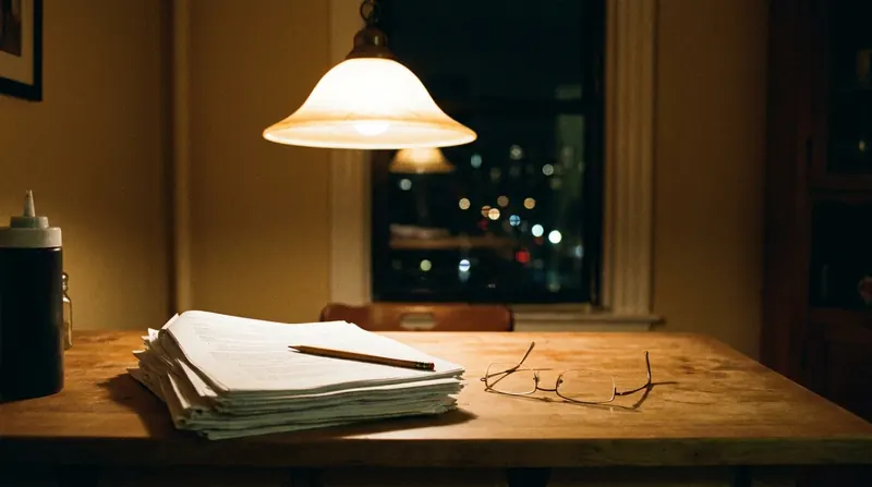 A stack of printed studies with a pencil and reading glasses on a kitchen table under a hanging lamp, a black bottle at the edge