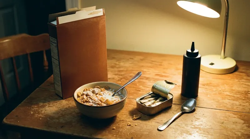 A bowl of frosted cereal beside its box, an open tin of sardines, a tablespoon and a black squeeze bottle on a kitchen table under a lamp