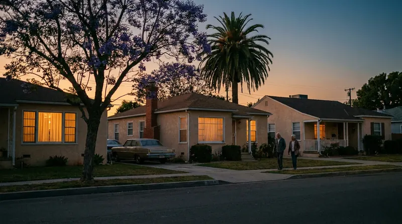 A quiet Southern California street at dusk with lamplight in the windows and a palm tree against the sky