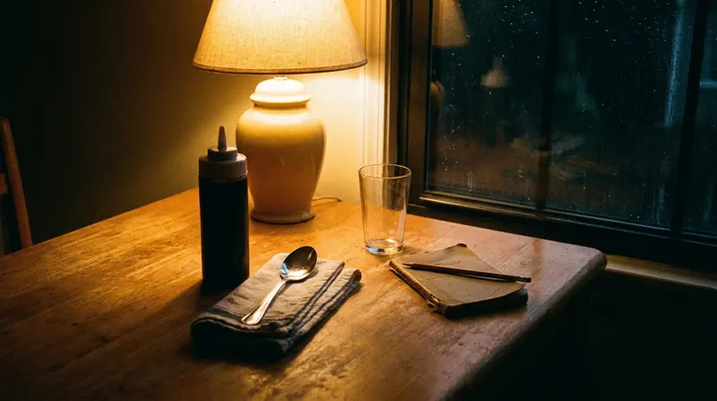 A kitchen table at night under a lamp with a black squeeze bottle, a clean tablespoon on a napkin, an empty glass and a closed notebook with a pencil