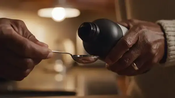 A man's hands filling a level tablespoon with pale orange liquid from a black squeeze bottle under lamp light