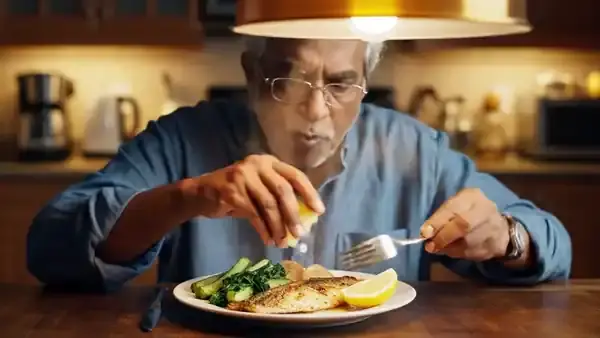 A man in his sixties at a lamp-lit kitchen table squeezing lemon over a plate of grilled fish and greens