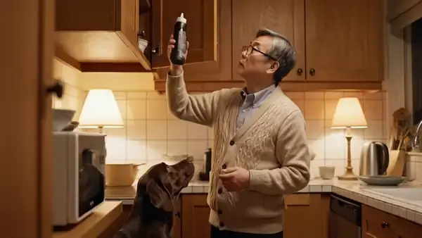 A man in his sixties putting a black squeeze bottle on a high cupboard shelf while a brown dog watches from the floor