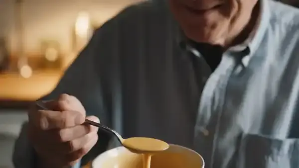 A man in his sixties tasting a spoonful of pale orange liquid under a kitchen lamp and nodding