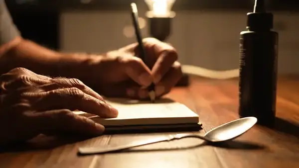 A man's hands writing a line in a small notebook beside a tablespoon and a black squeeze bottle under a table lamp