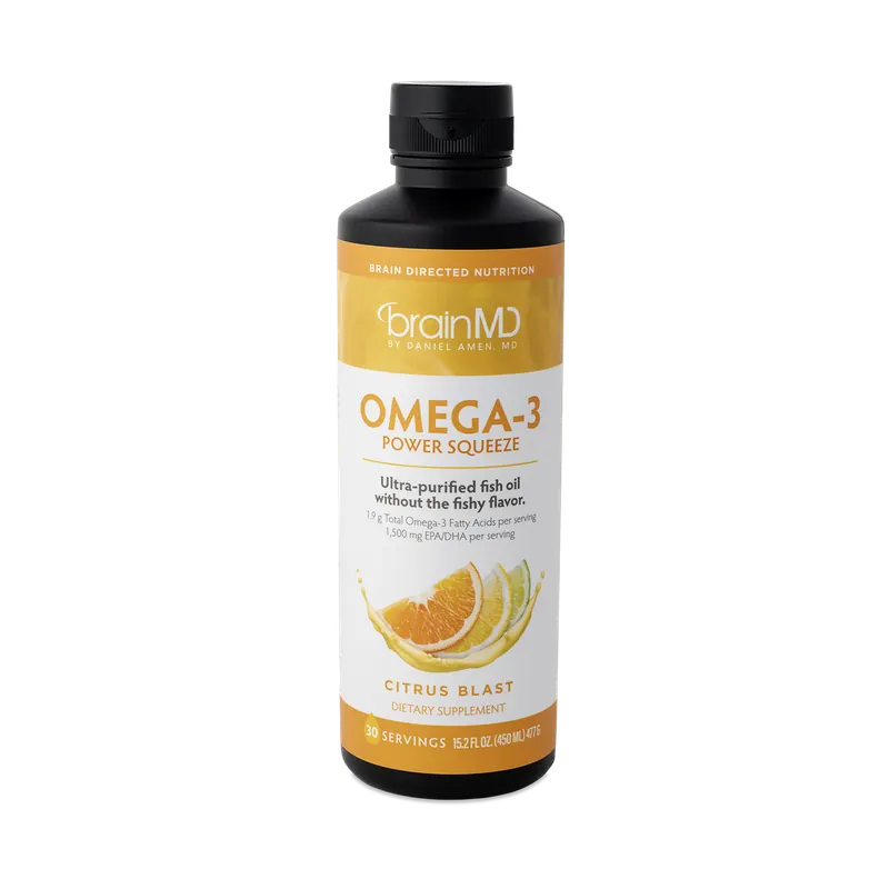 The black squeeze bottle of BrainMD Omega-3 Power Squeeze with its orange label, from the seller's photograph